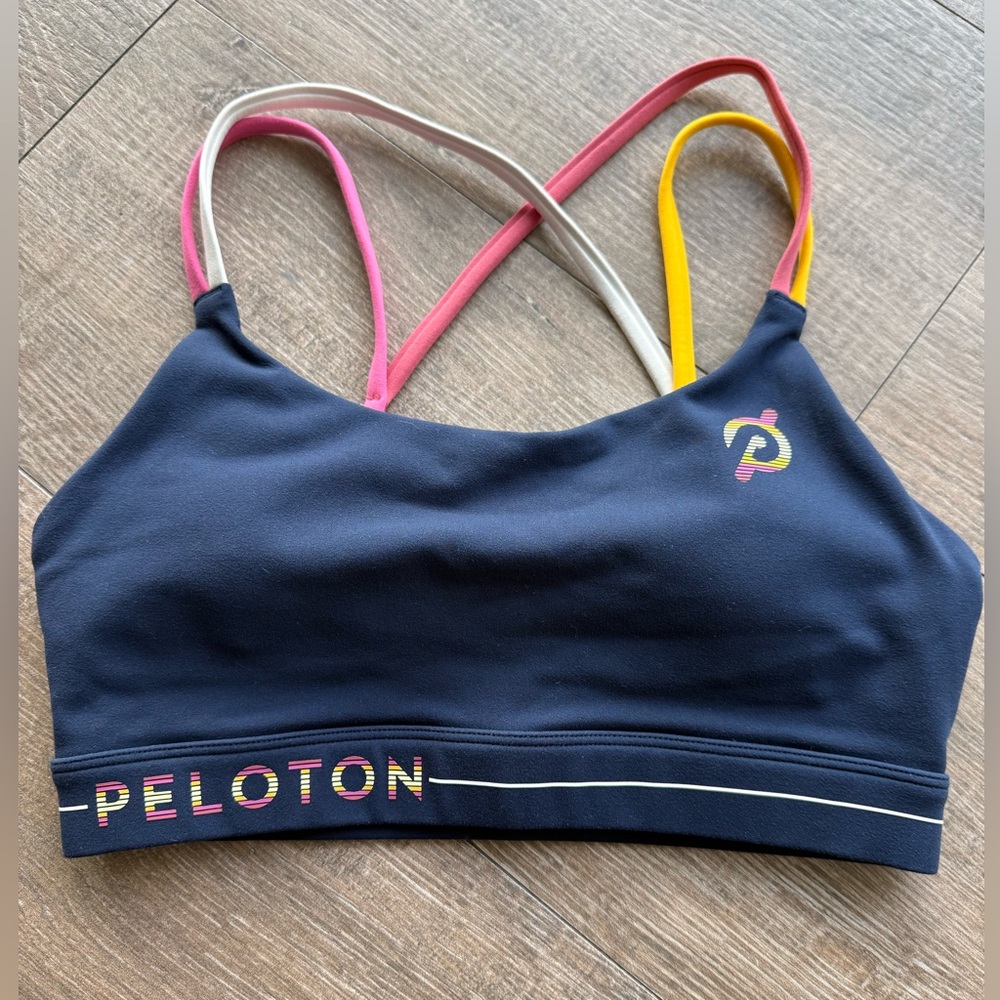Peloton Navy Sports Bra with Pink and Yellow Straps